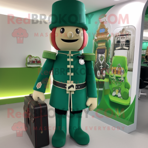 Green British Royal Guard mascot costume character dressed with a Shift Dress and Briefcases