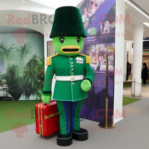Green British Royal Guard mascot costume character dressed with a Shift Dress and Briefcases