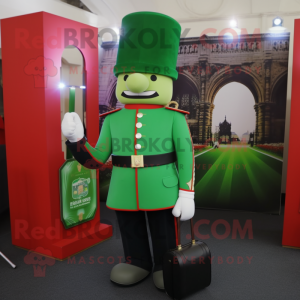 Green British Royal Guard mascot costume character dressed with a Shift Dress and Briefcases
