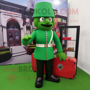 Green British Royal Guard mascot costume character dressed with a Shift Dress and Briefcases