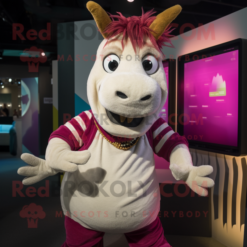 Magenta Quagga mascot costume character dressed with a Cardigan and Bracelets