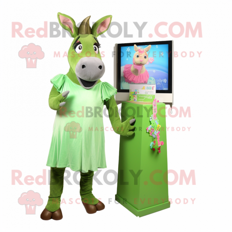 Green Donkey mascot costume character dressed with a Wrap Dress and Hairpins Green Donkey mascot costume character dressed with a Wrap Dress and Hairpins