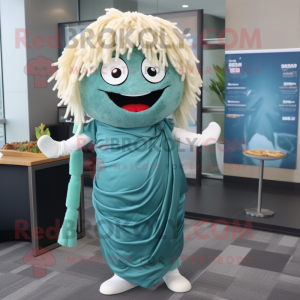 Teal Ramen mascot costume character dressed with a Maxi Dress and Tie pins