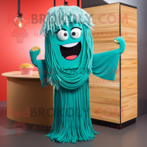 Teal Ramen mascot costume character dressed with a Maxi Dress and Tie pins