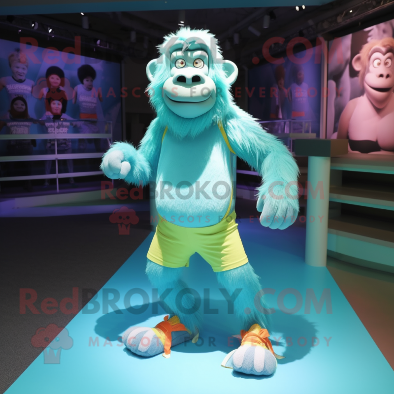 Cyan Baboon mascot costume character dressed with a Running Shorts and Anklets Cyan Baboon mascot costume character dressed with a Running Shorts and Anklets