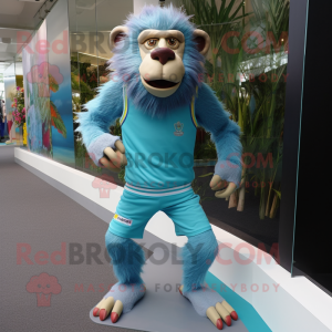Cyan Baboon mascot costume character dressed with a Running Shorts and Anklets