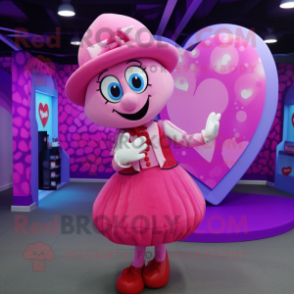 Pink Heart mascot costume character dressed with a Mini Skirt and Hat pins