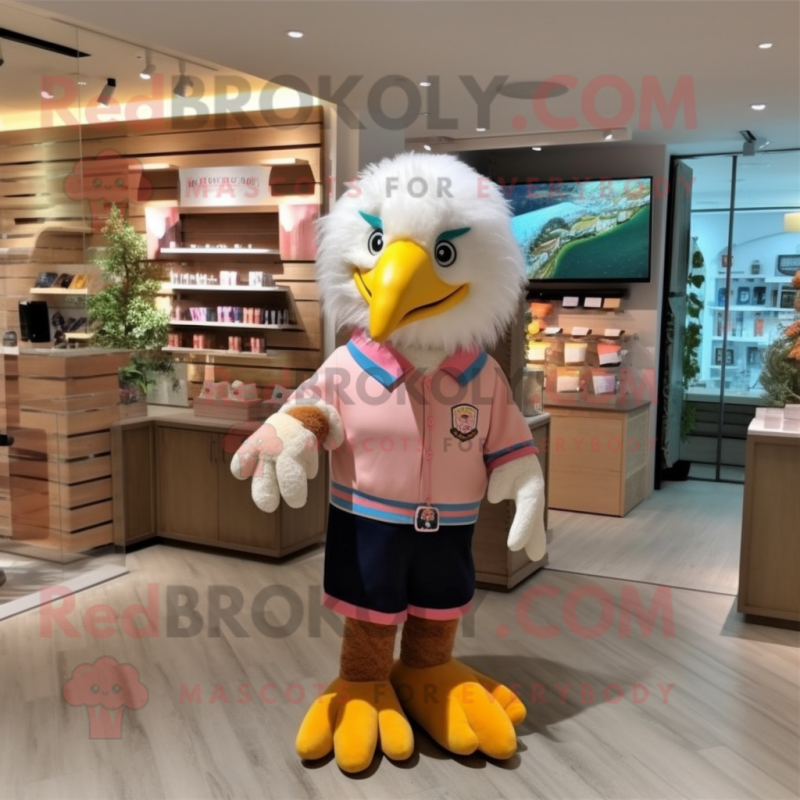 Peach Bald Eagle mascot costume character dressed with a Sweater and Hair clips Peach Bald Eagle mascot costume character dressed with a Sweater and Hair clips