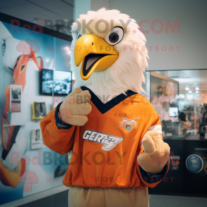 Peach Bald Eagle mascot costume character dressed with a Sweater and Hair clips Peach Bald Eagle mascot costume character dressed with a Sweater and Hair clips