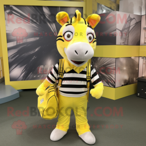 Lemon Yellow Zebra mascot costume character dressed with a Chinos and Suspenders