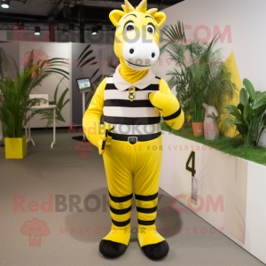 Lemon Yellow Zebra mascot costume character dressed with a Chinos and Suspenders