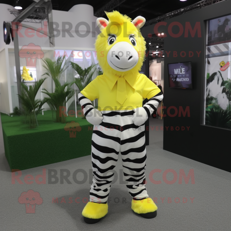 Lemon Yellow Zebra mascot costume character dressed with a Chinos and Suspenders