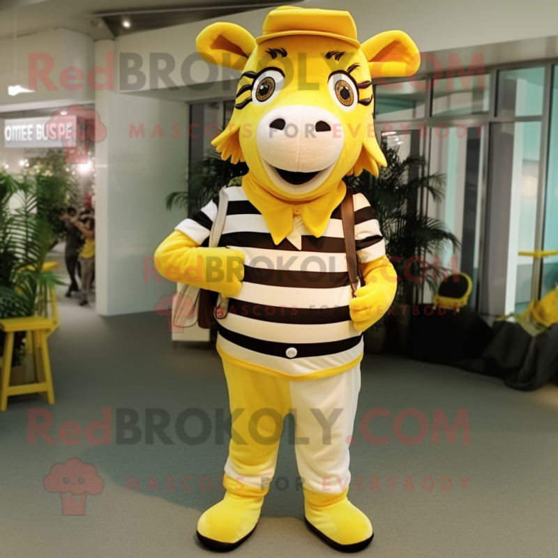 Lemon Yellow Zebra mascot costume character dressed with a Chinos and Suspenders