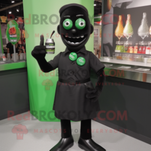 Black Green Beer mascot costume character dressed with a Dress Shirt and Earrings
