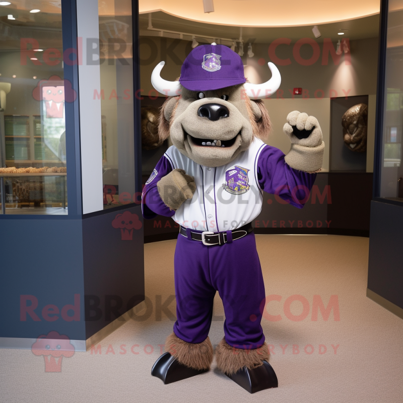 Purple Bison mascot costume character dressed with a Baseball Tee and Belts Purple Bison mascot costume character dressed with a Baseball Tee and Belts