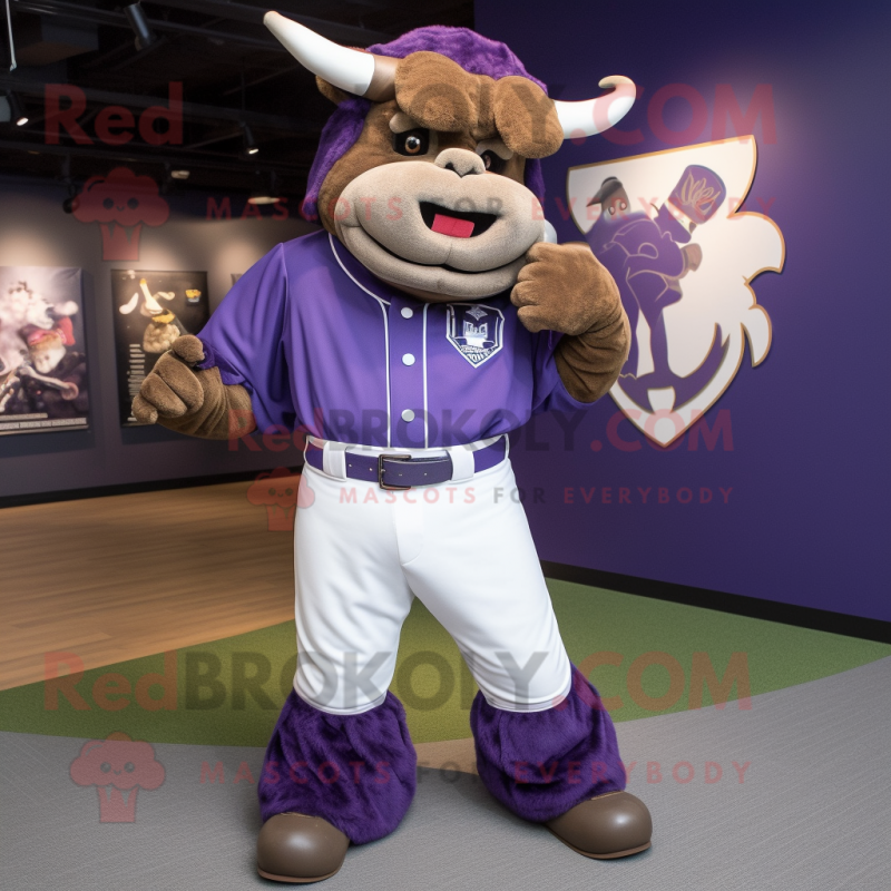 Purple Bison mascot costume character dressed with a Baseball Tee and Belts Purple Bison mascot costume character dressed with a Baseball Tee and Belts