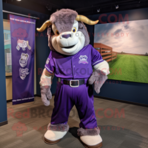 Purple Bison mascot costume character dressed with a Baseball Tee and Belts