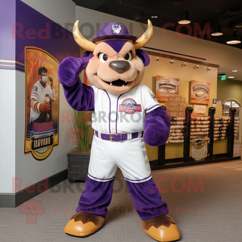 Purple Bison mascot costume character dressed with a Baseball Tee and Belts Purple Bison mascot costume character dressed with a Baseball Tee and Belts