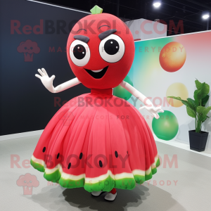 Red Watermelon mascot costume character dressed with a Ball Gown and Rings