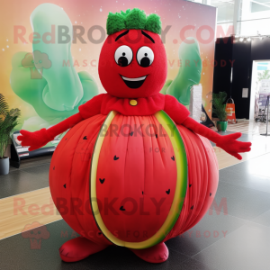 Red Watermelon mascot costume character dressed with a Ball Gown and Rings