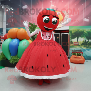 Red Watermelon mascot costume character dressed with a Ball Gown and Rings