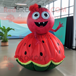 Red Watermelon mascot costume character dressed with a Ball Gown and Rings