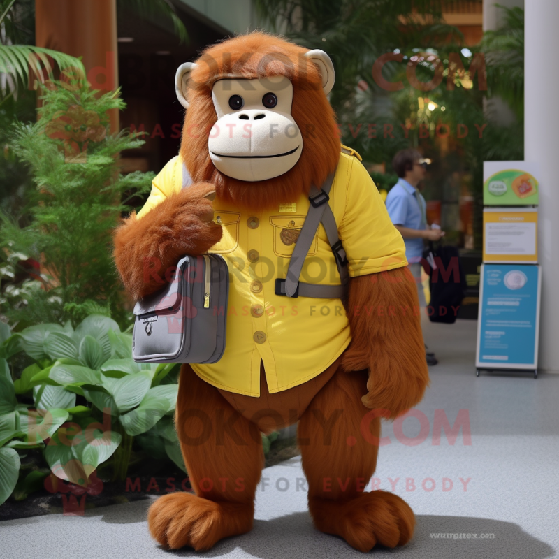 Yellow Orangutan mascot costume character dressed with a Waistcoat and Messenger bags