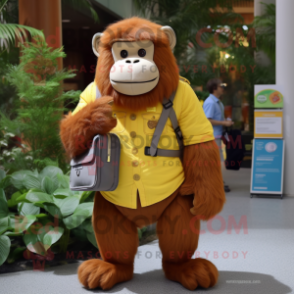 Yellow Orangutan mascot costume character dressed with a Waistcoat and Messenger bags