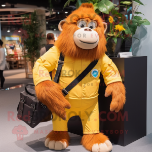 Yellow Orangutan mascot costume character dressed with a Waistcoat and Messenger bags