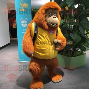 Yellow Orangutan mascot costume character dressed with a Waistcoat and Messenger bags