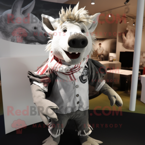 Silver Wild Boar mascot costume character dressed with a Polo Tee and Scarf clips