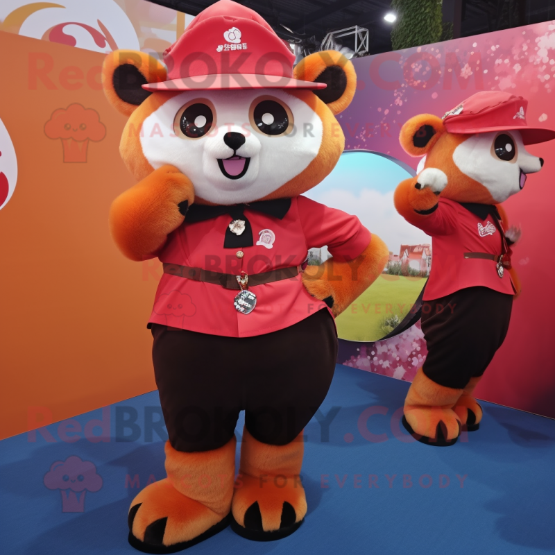 Peach Red Panda mascot costume character dressed with a Mini Skirt and Berets