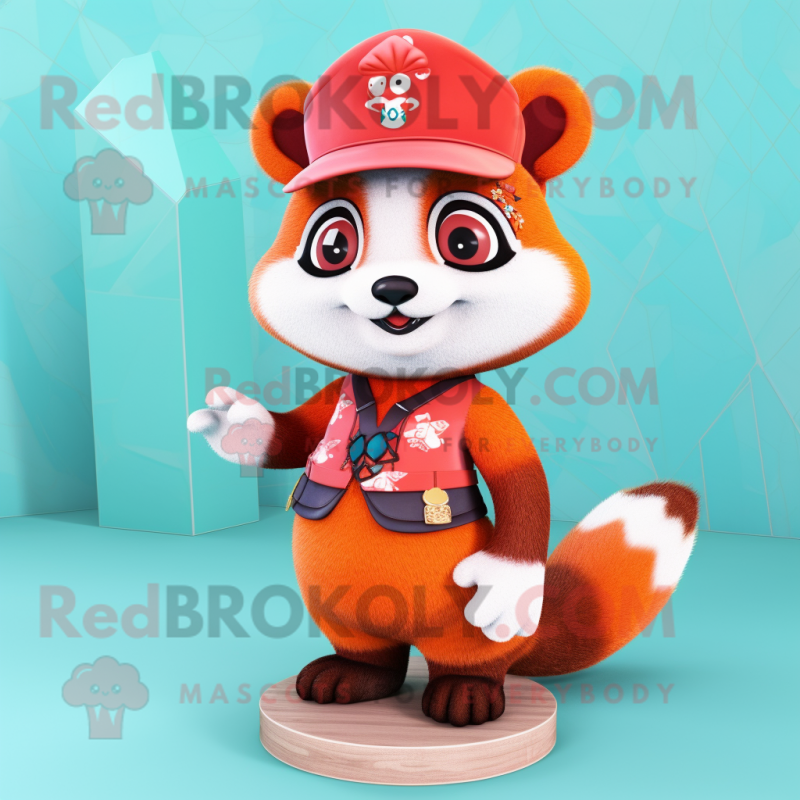 Peach Red Panda mascot costume character dressed with a Mini Skirt and Berets