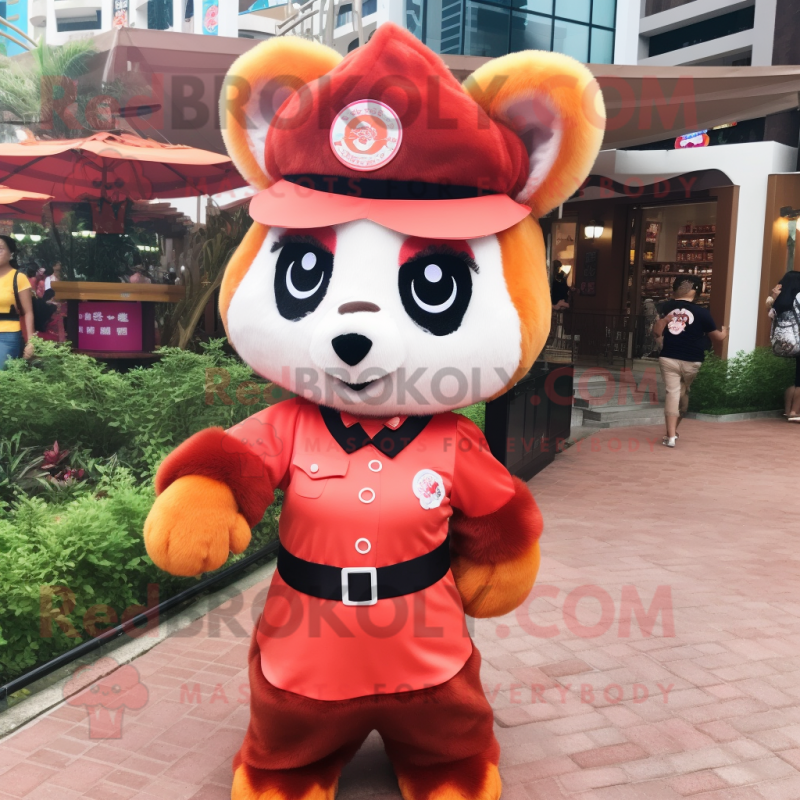 Peach Red Panda mascot costume character dressed with a Mini Skirt and Berets Peach Red Panda mascot costume character dressed with a Mini Skirt and Berets