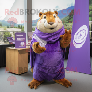 Lavender Beaver mascot costume character dressed with a Turtleneck and Shawl pins