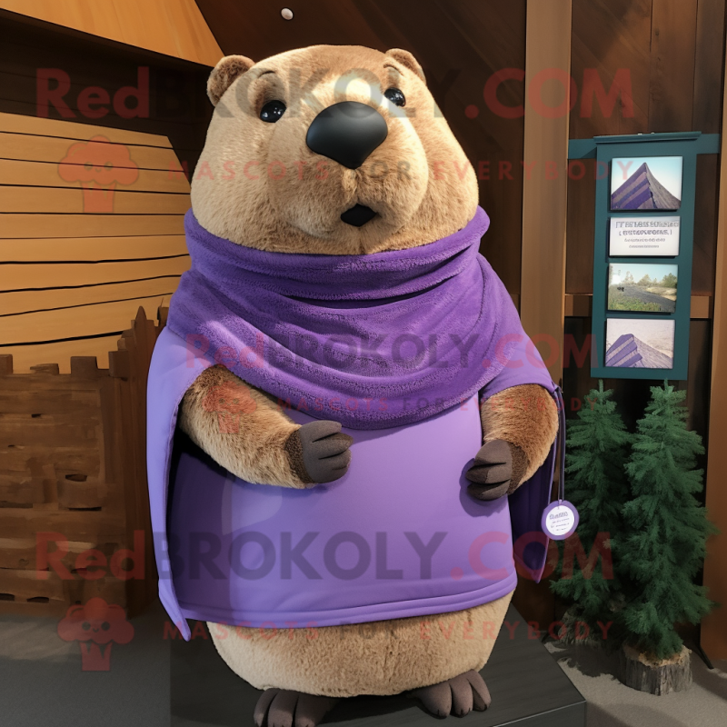 Lavender Beaver mascot costume character dressed with a Turtleneck and Shawl pins