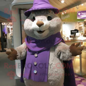 Lavender Beaver mascot costume character dressed with a Turtleneck and Shawl pins
