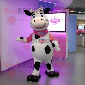 Pink Holstein Cow mascot costume character dressed with a T-Shirt and Brooches