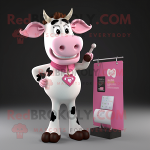 Pink Holstein Cow mascot costume character dressed with a T-Shirt and Brooches