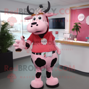 Pink Holstein Cow mascot costume character dressed with a T-Shirt and Brooches