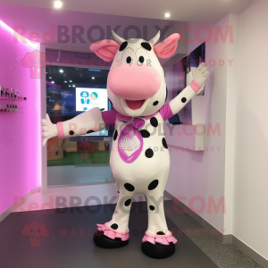 Pink Holstein Cow mascot costume character dressed with a T-Shirt and Brooches