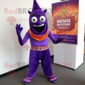 Purple Tikka Masala mascot costume character dressed with a Leggings and Suspenders