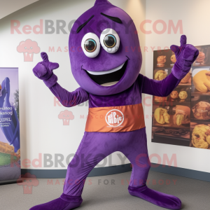 Purple Tikka Masala mascot costume character dressed with a Leggings and Suspenders