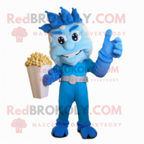 Blue Pop Corn mascot costume character dressed with a Chinos and Gloves