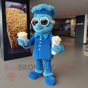 Blue Pop Corn mascot costume character dressed with a Chinos and Gloves