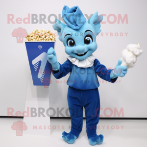 Blue Pop Corn mascot costume character dressed with a Chinos and Gloves