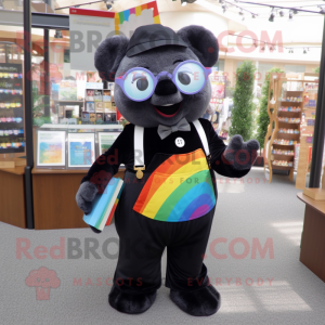 Black Rainbow mascot costume character dressed with a Button-Up Shirt and Reading glasses