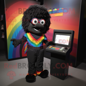Black Rainbow mascot costume character dressed with a Button-Up Shirt and Reading glasses