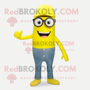 Lemon Yellow Aglet mascot costume character dressed with a Bootcut Jeans and Eyeglasses