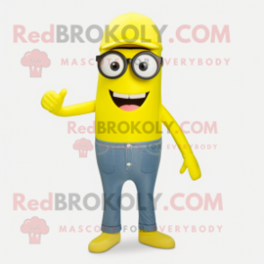 Lemon Yellow Aglet mascot costume character dressed with a Bootcut Jeans and Eyeglasses